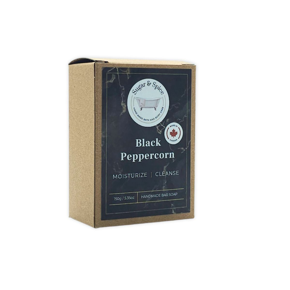 A packaged bar of Black Peppercorn handmade soap with the brand name visible on the box.
