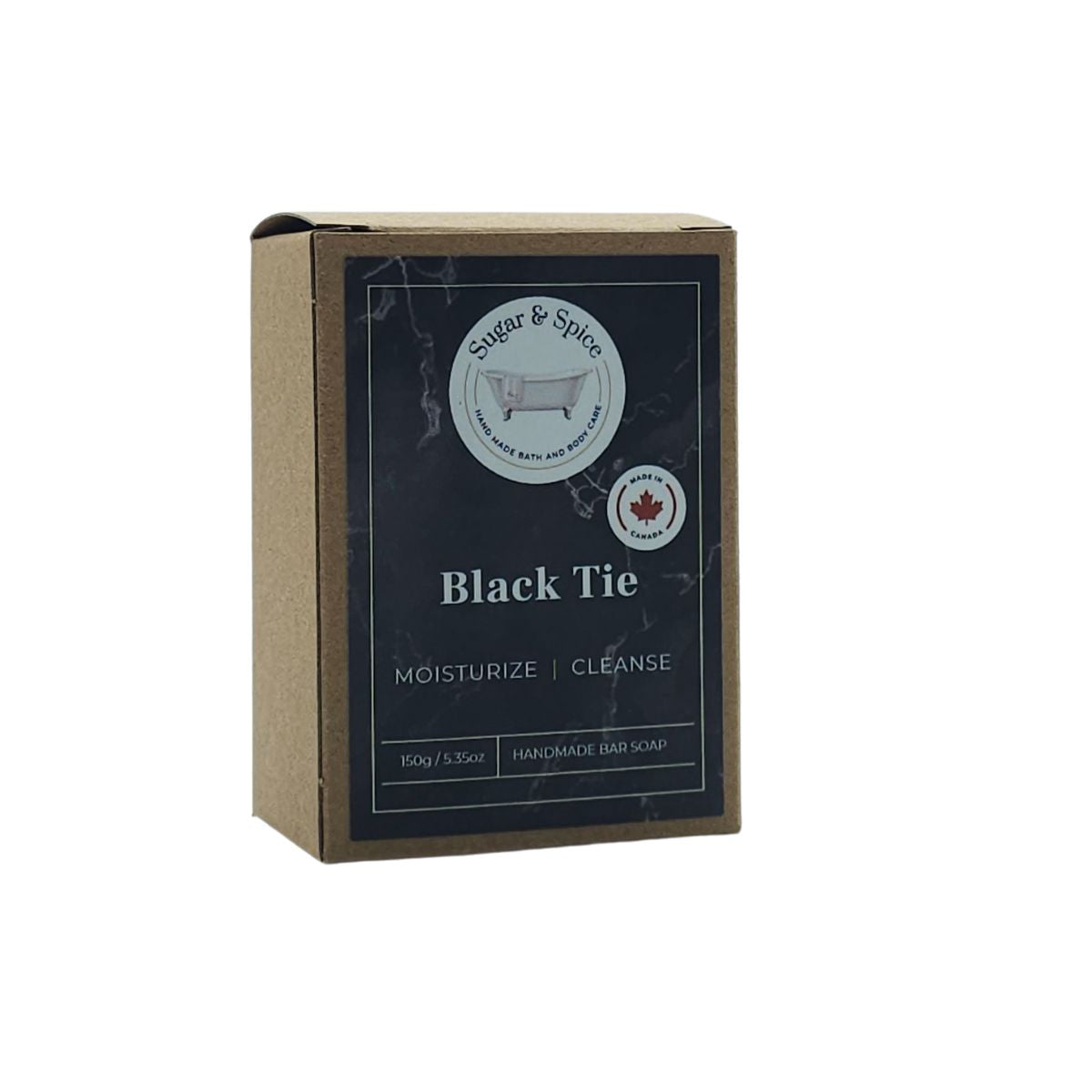 A packaged bar of Black Tie handmade soap with the brand name visible on the box, indicating it is a product for men.