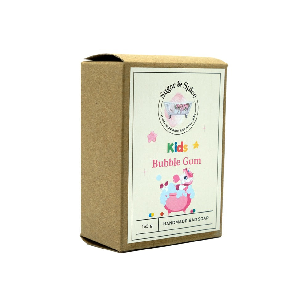 A packaged bar of Bubble Gum soap with a colorful label showing the product name and an illustration of bubble gum. The package indicates that the soap is handmade and has 115g weight.