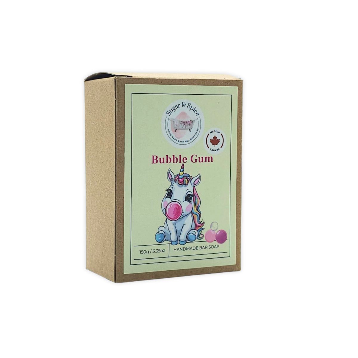 A packaged bar of Bubble Gum soap with a colorful label showing the product name and an illustration of bubble gum. The package indicates that the soap is handmade and has 115g weight.