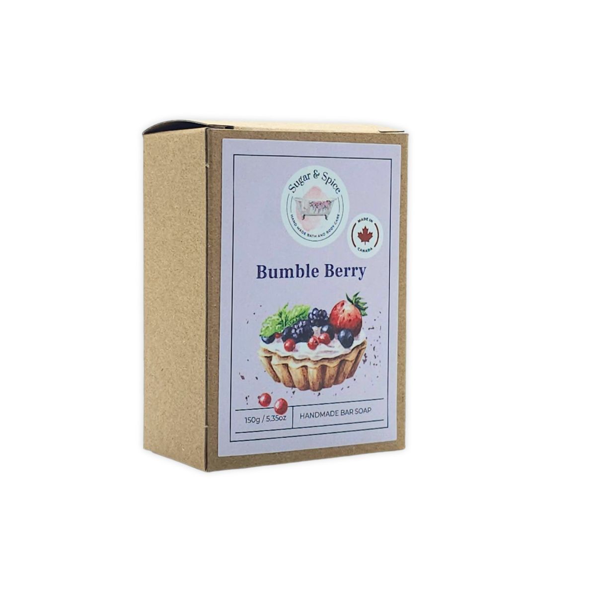 A packaged bar of Bumble Berry soap with the Sugar & Spice brand visible on the label. The package is primarily beige with a product image and text.