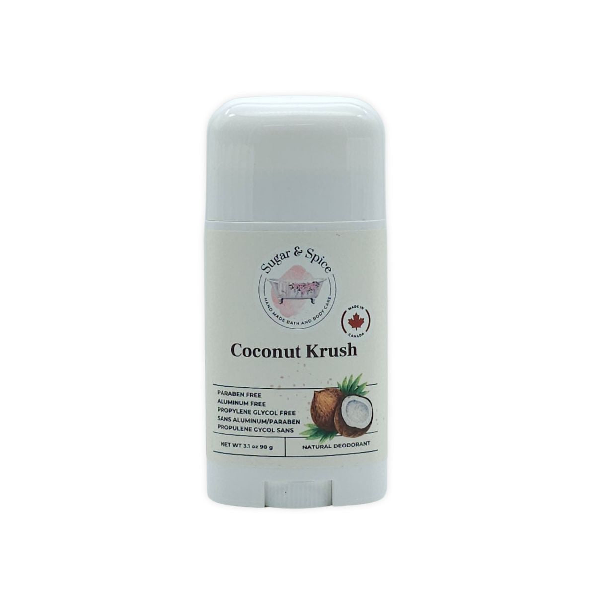 Deodorant stick labeled 'Coconut Krush' on a white background