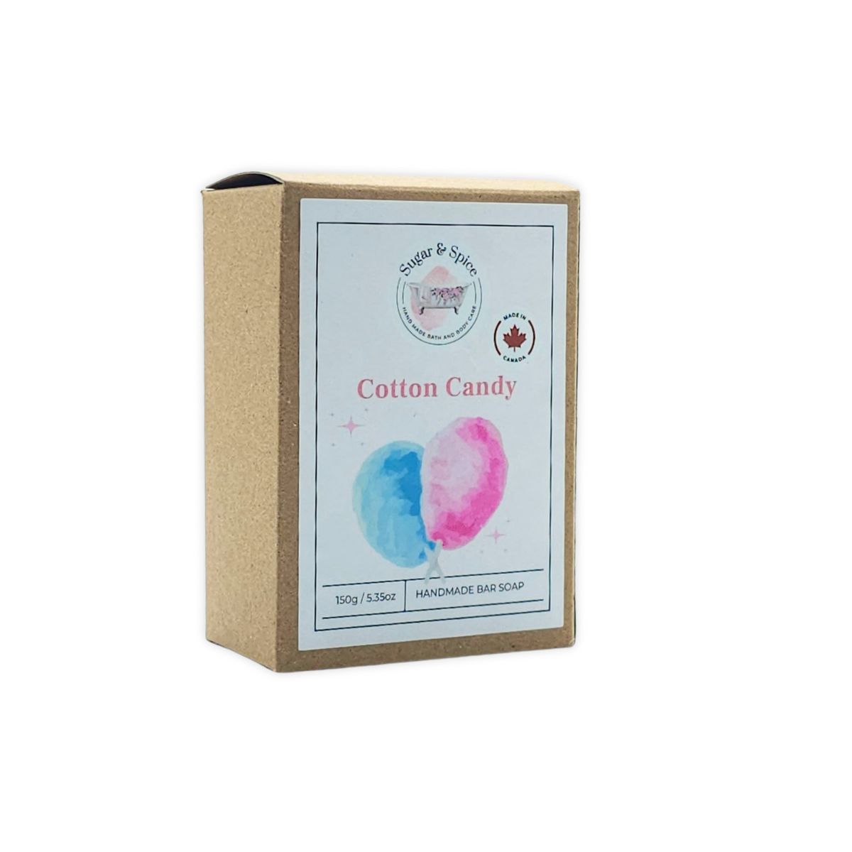 A packaged bar of Cotton Candy soap with a label showing the brand 'Sugar & Spice', the product name 'Kids Cotton Candy', and a graphic of cotton candy. The package is marked '125g handmade bar soap'.