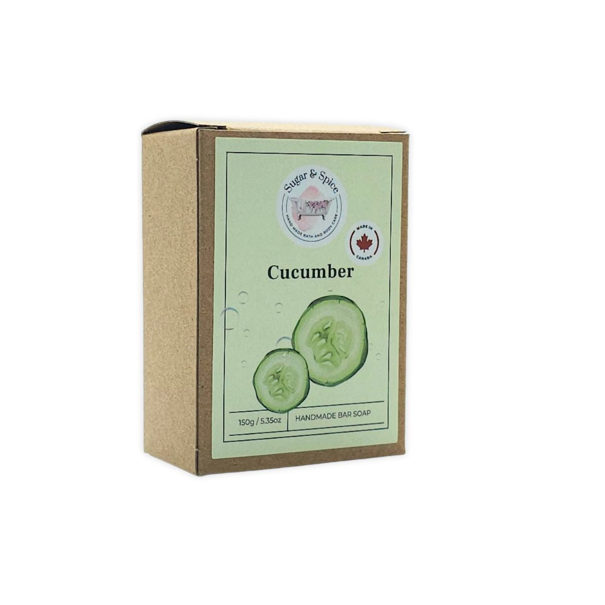 A packaged bar of Refreshing Cucumber soap with the brand name 'Sugar & Spice' displayed on the box. The packaging is beige with green accents and an image of a cucumber.