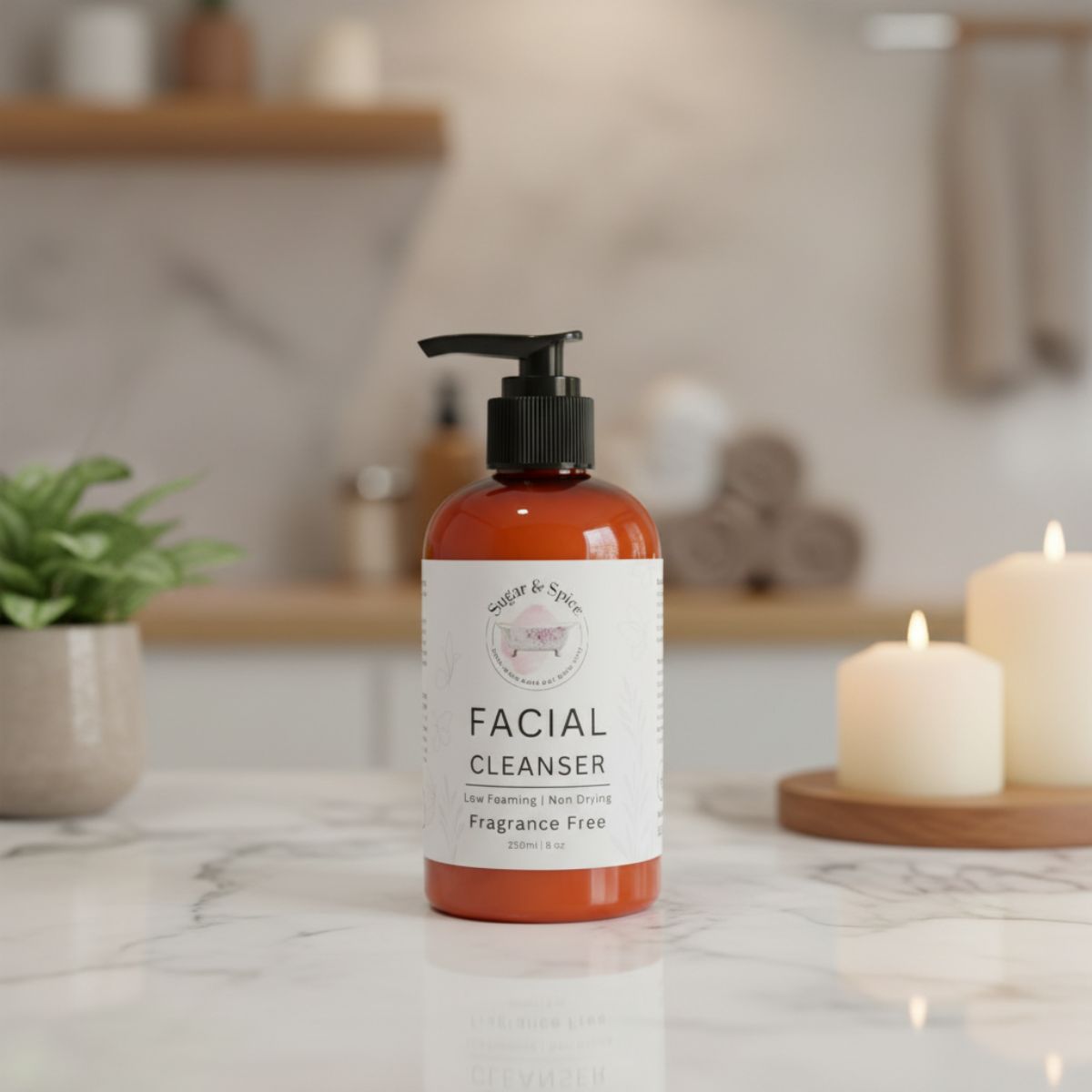 Facial cleanser bottle on a marble countertop with a blurred background