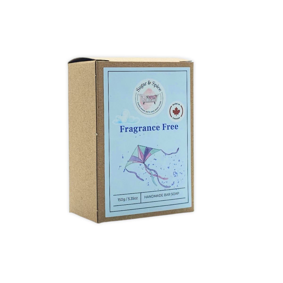 A packaged bar of Fragrance Free handmade soap with the brand 'Sugar & Spice' displayed on the packaging.
