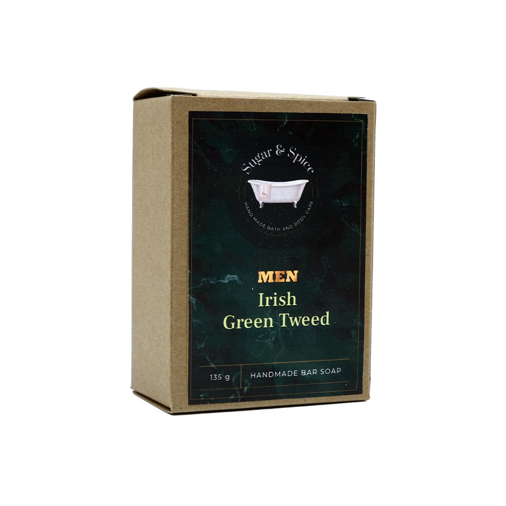A packaged bar of Irish Green Tweed handmade soap with the brand name 'Men' displayed on the packaging, indicating it's a bar soap for men.
