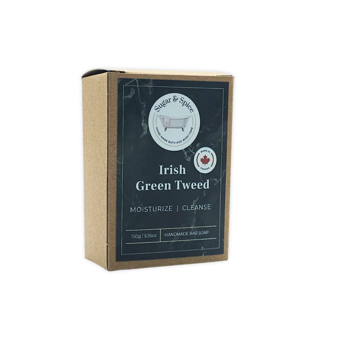 A packaged bar of Irish Green Tweed handmade soap with the brand name 'Men' displayed on the packaging, indicating it's a bar soap for men.