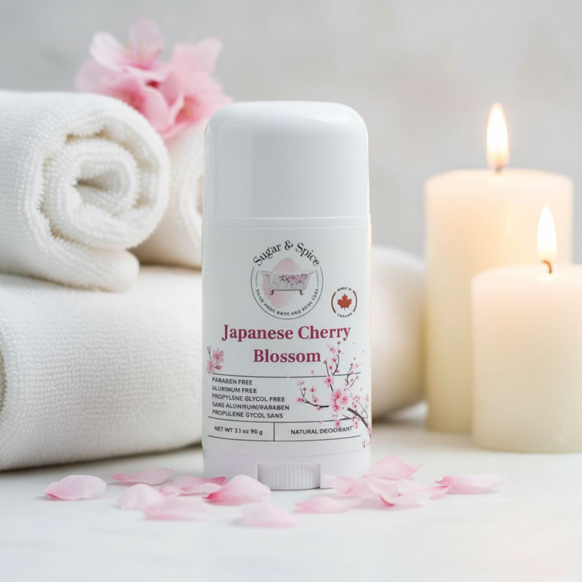 Deodorant stick with 'Japanese Cherry Blossom' scent on a surface with towels and a candle in the background.
