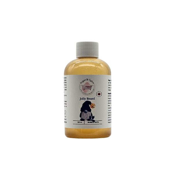Jolly Beard Bubble Bath in a round clear bottle with a ribbed white cap and a gnome-illustrated label.