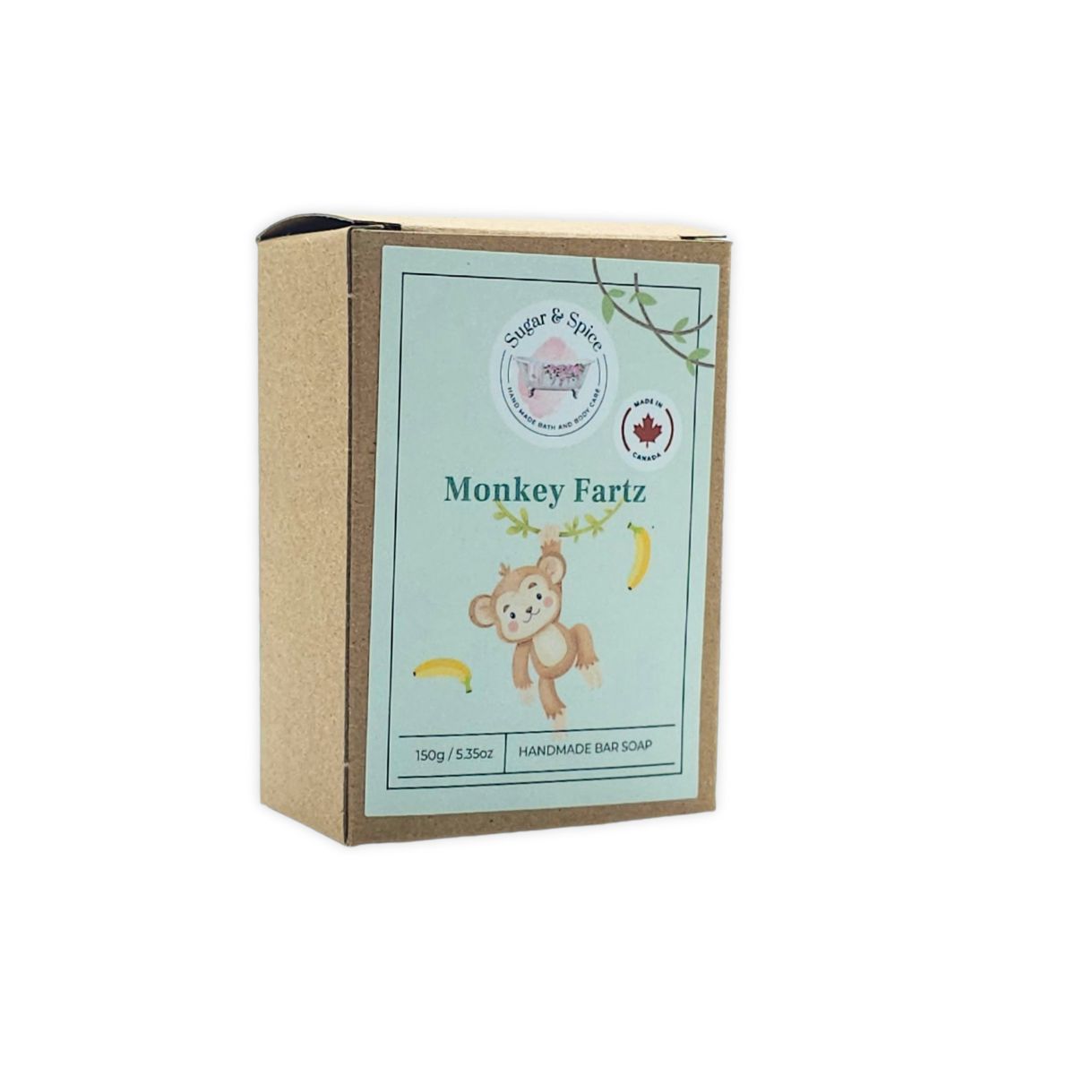 A packaged bar of Monkey Fartz soap with a label showing the product name and an illustration of a monkey. The package is marked 'Kids' and indicates the soap is handmade.