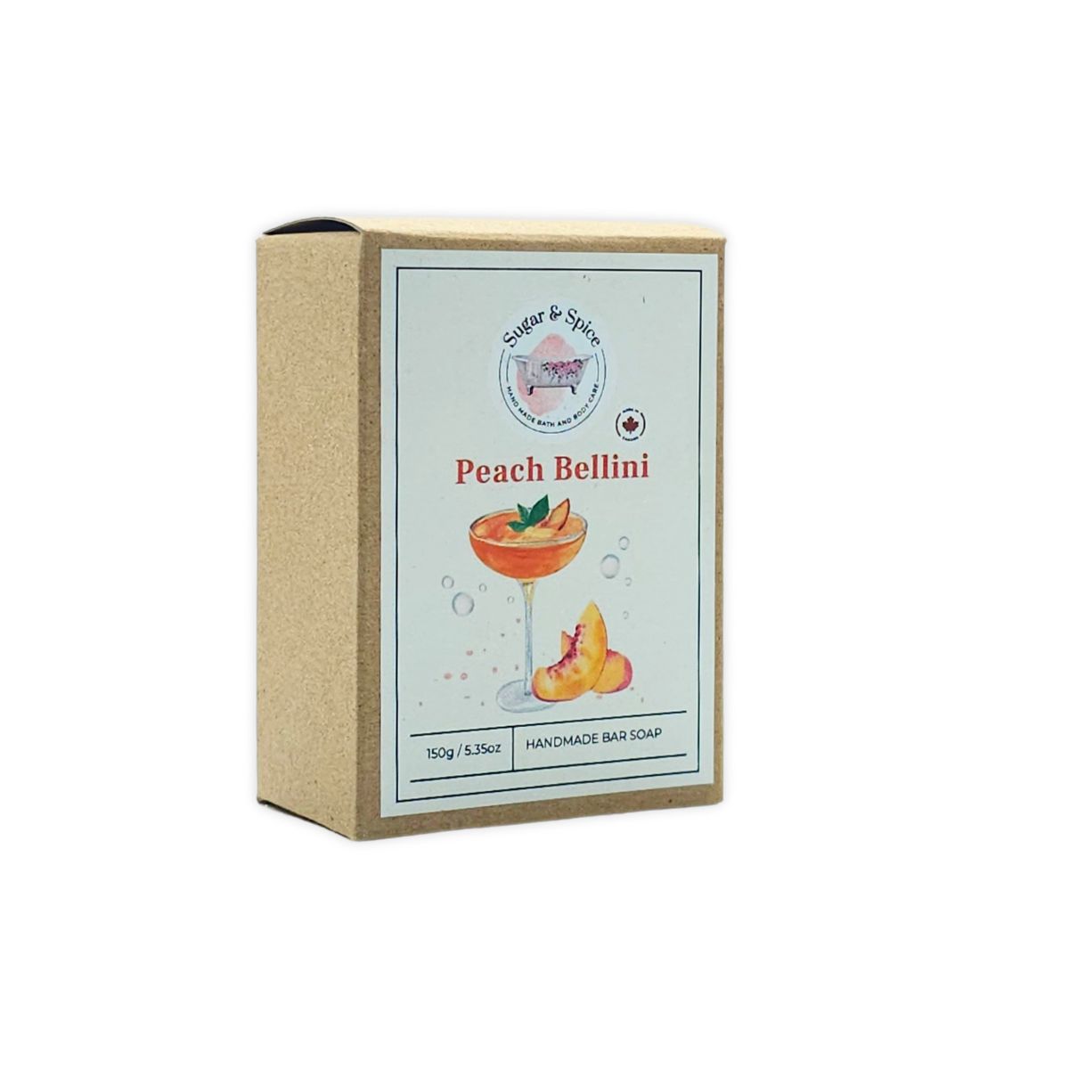 A packaged bar of Peach Bellini handmade soap with the brand name and product title displayed on the label.