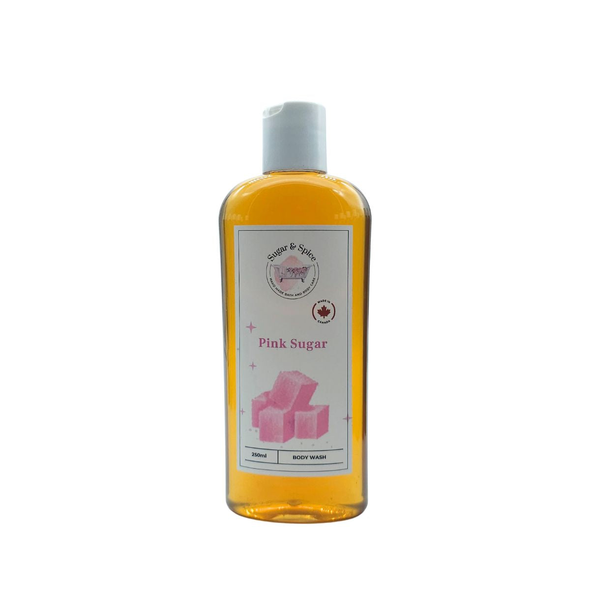 Bottle of 'Pink Sugar' body wash on a white background