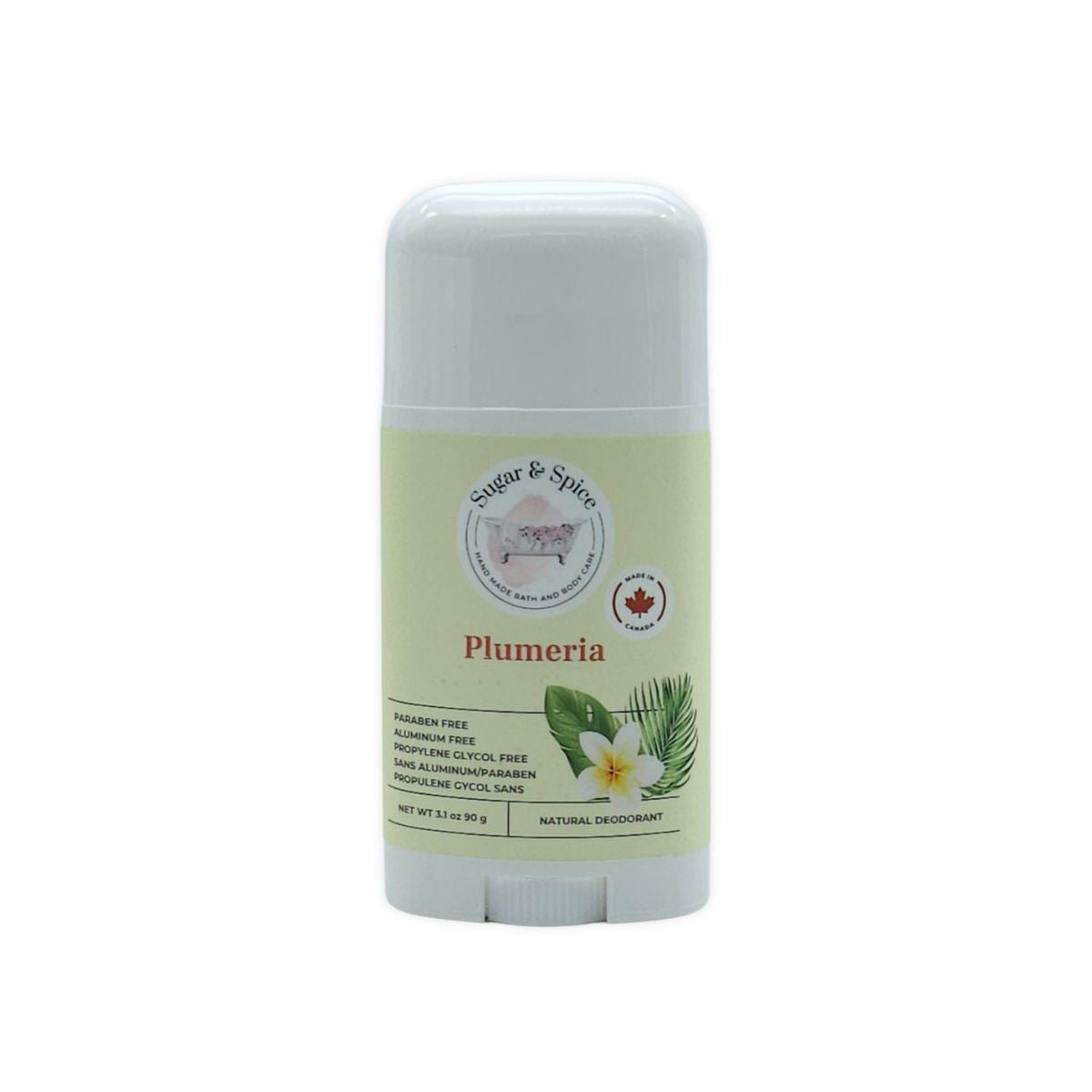 Plumeria deodorant stick with 'Sugar & Spice' branding on a white background