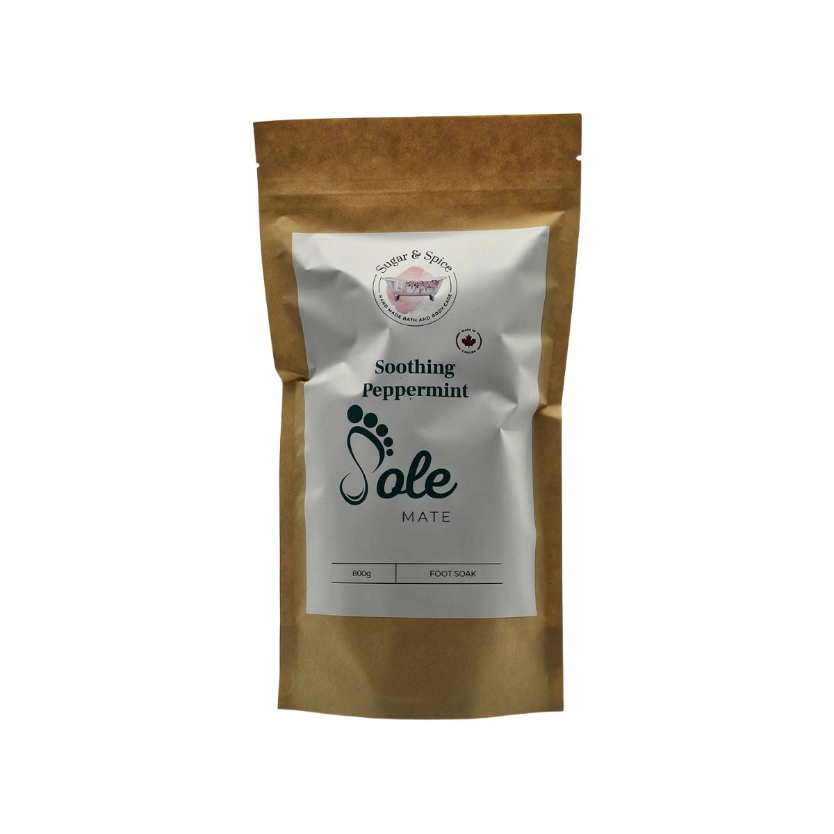 Brown package of Soothing Peppermint Foot Soak on a white background