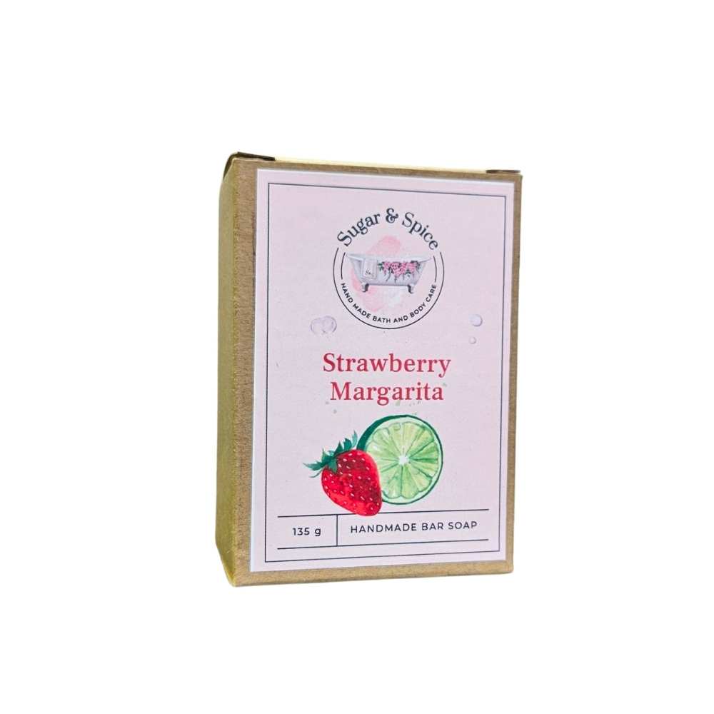 Packaged bar soap with 'Strawberry Margarita' written on the label, indicating the scent or flavor.