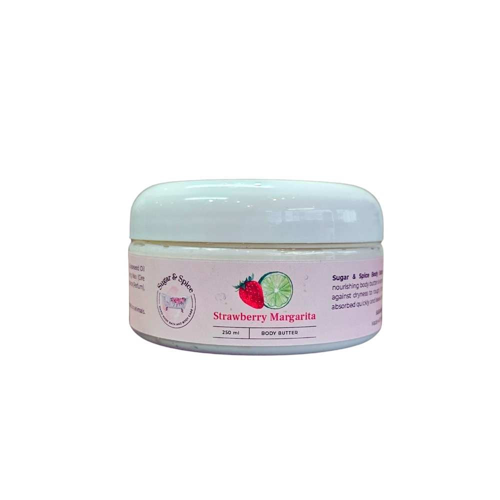 A jar of Strawberry Margarita body butter with a label showing a strawberry and a lime, suggesting a cocktail theme.