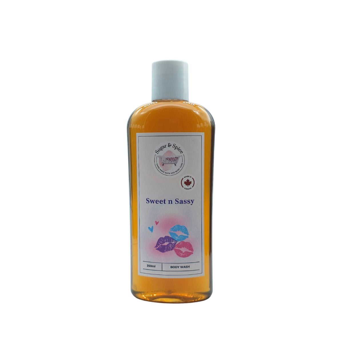 Bottle of 'Sweet n Sassy' body wash on a white background