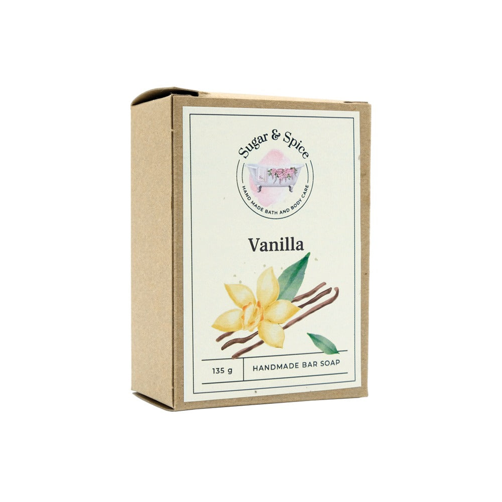 A packaged bar of vanilla soap labeled 'Sugar & Spice' with an illustration of a vanilla flower and leaf on the front.