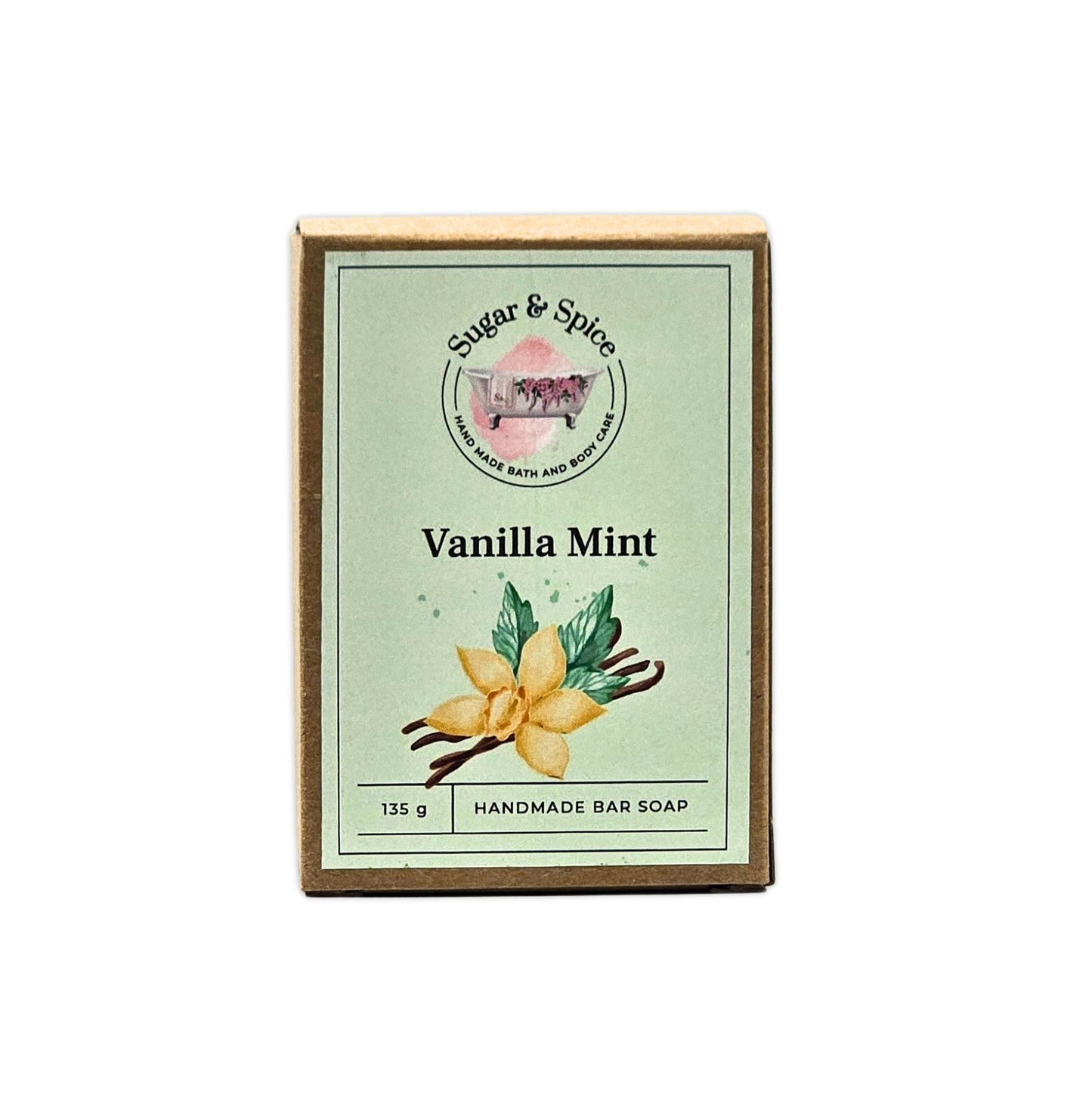 A packaged bar of Vanilla Mint soap by Sugar & Spice, with an illustration of a vanilla flower and mint leaves on the label.