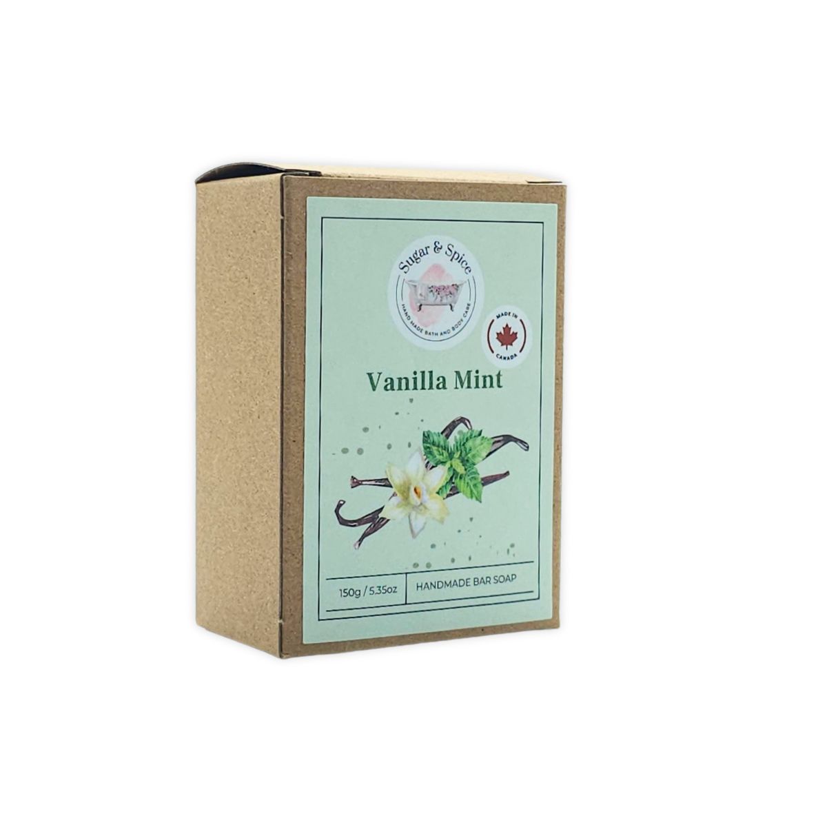 A packaged bar of Vanilla Mint soap by Sugar & Spice, with an illustration of a vanilla flower and mint leaves on the label.