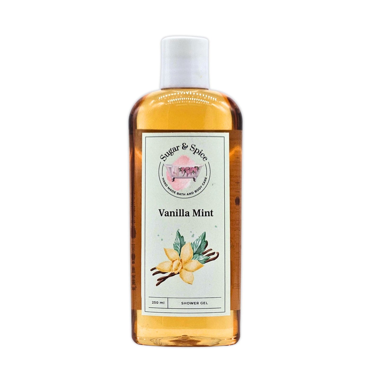A clear plastic bottle of Vanilla Mint Shower Gel with a white cap and a label featuring an illustration of a vanilla pod and mint leaves.