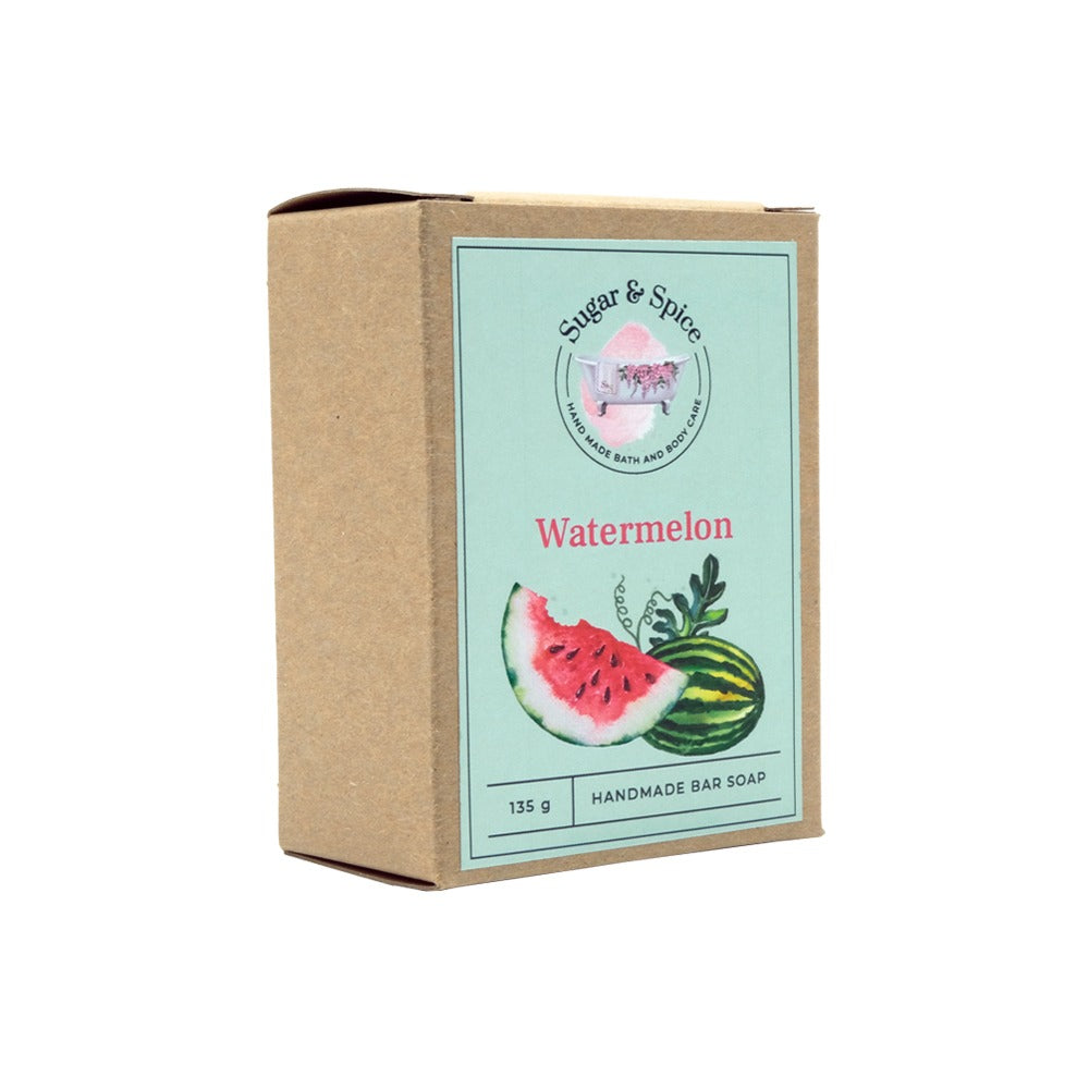 A packaged bar soap with watermelon imagery on the label, indicating the scent or flavor of the product.