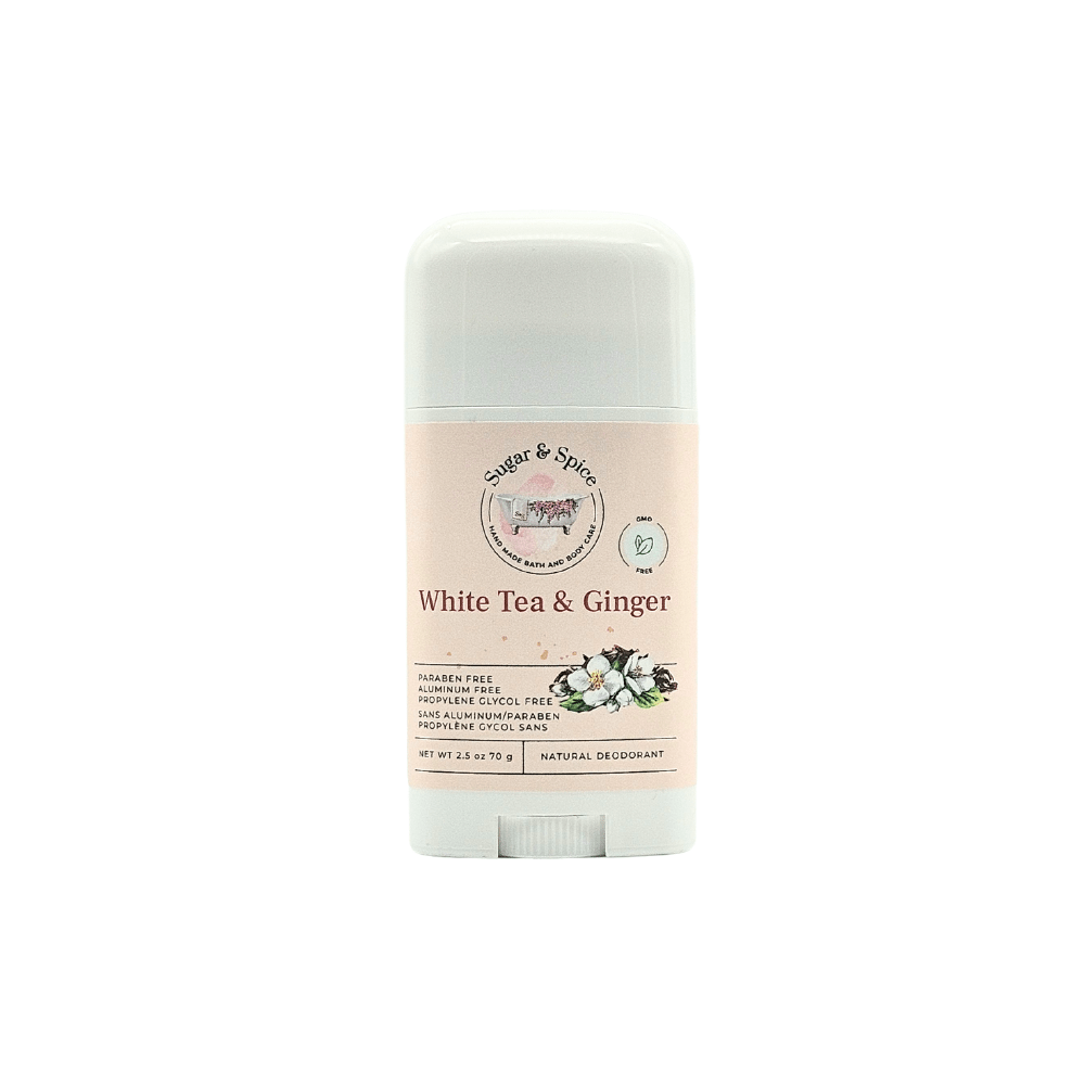 A stick of White Tea & Ginger Natural Deodorant with a white background, featuring product information and branding.