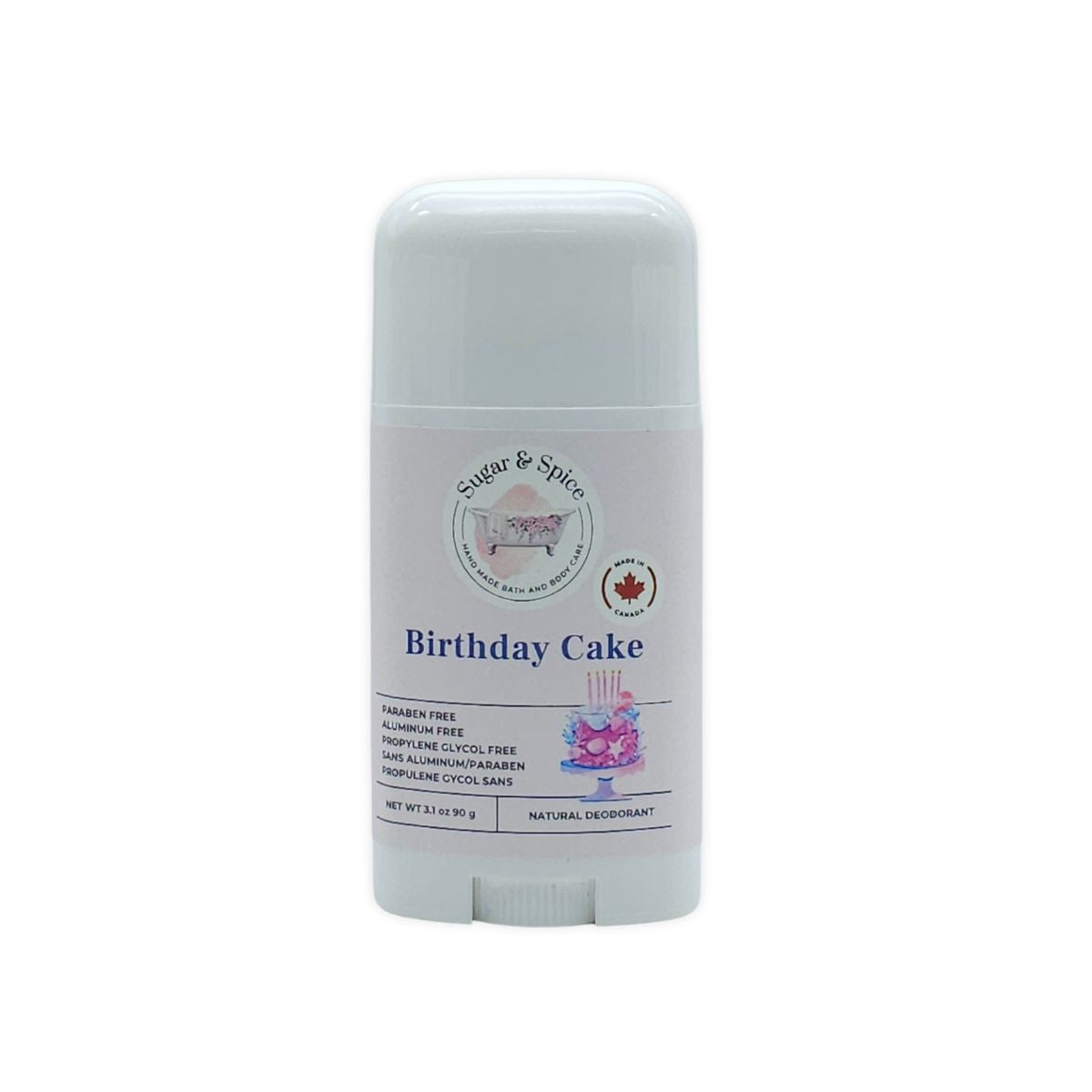 Deodorant stick labeled 'Birthday Cake' by Sugar & Spice on a white background