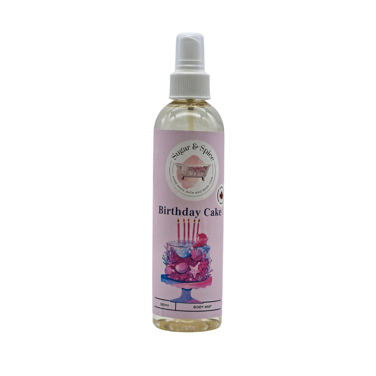 Bottle of 'Birthday Cake' body mist by Sugar & Spice on a white background