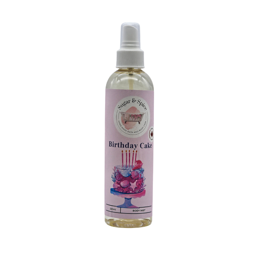 Bottle of 'Birthday Cake' body mist by Sugar & Spice on a white background