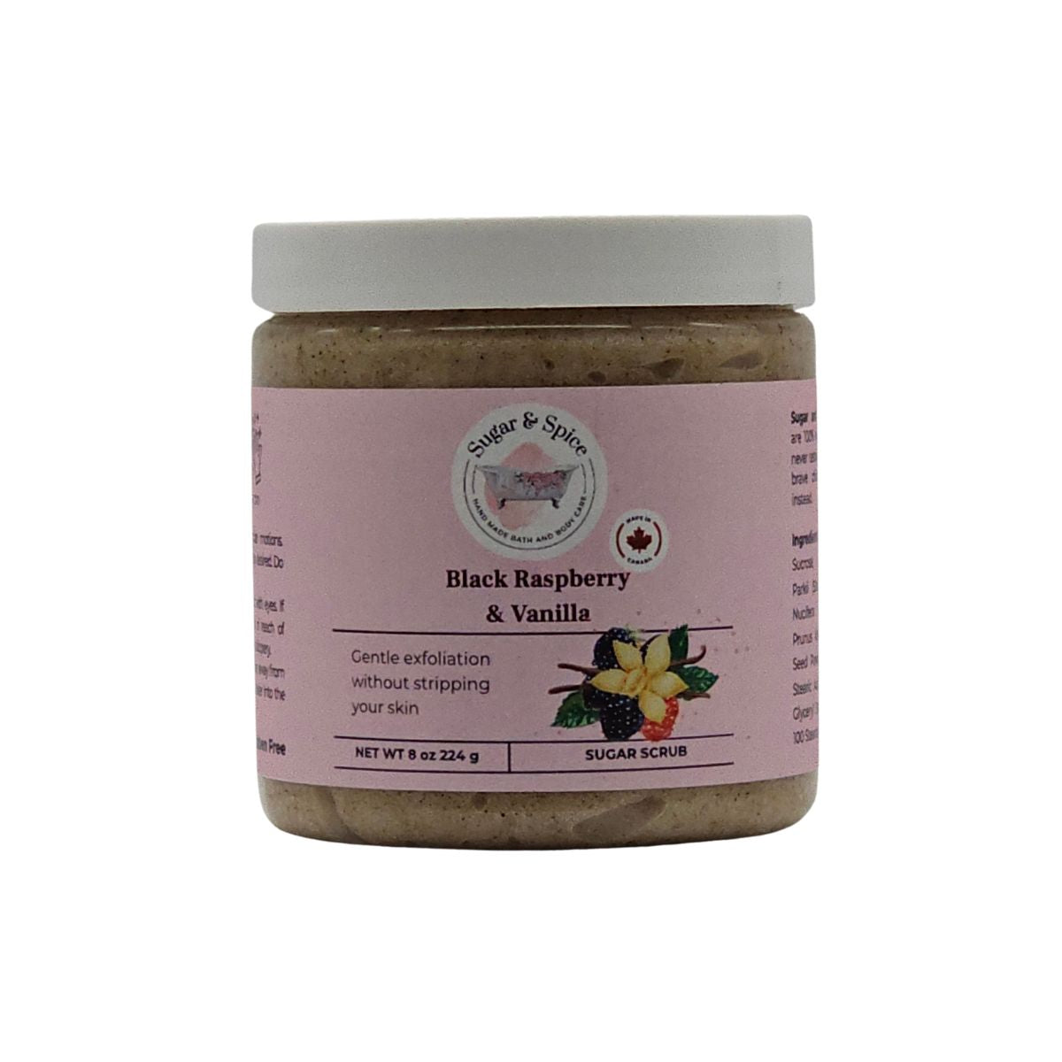 Jar of Black Raspberry & Vanilla Sugar Scrub with a pink label on a white background