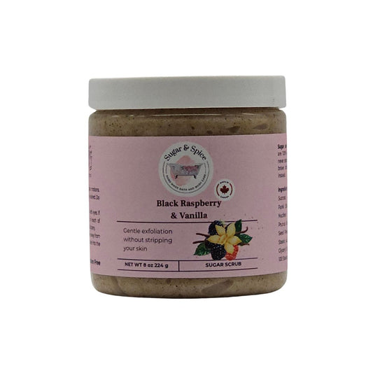 Jar of Black Raspberry & Vanilla Sugar Scrub with a pink label on a white background