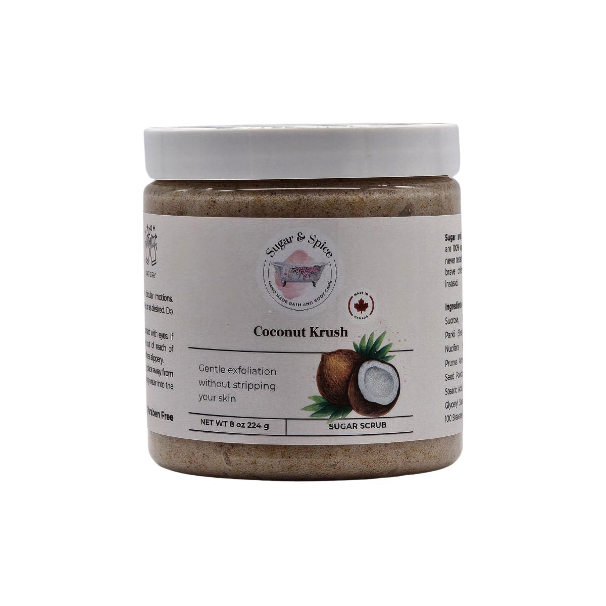Jar of Coconut Krush Sugar Scrub with a label on a white background