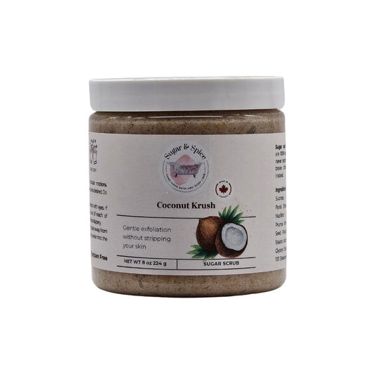 Jar of Coconut Krush Sugar Scrub with a label on a white background