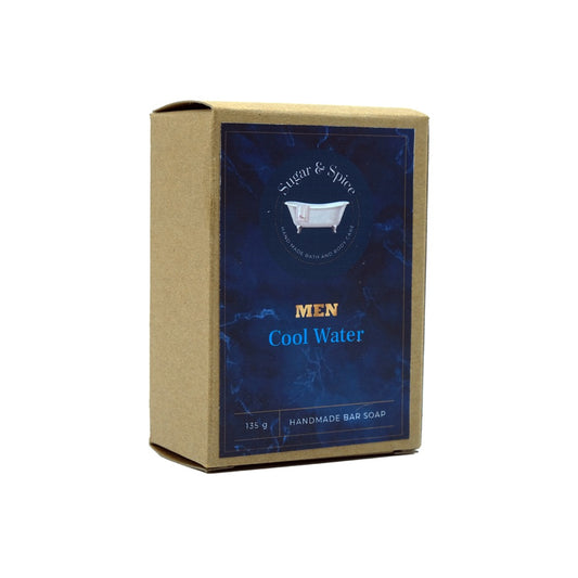 A packaged bar of Cool Water handmade soap with the label showing the product name and 'MEN' indicating it is for men.