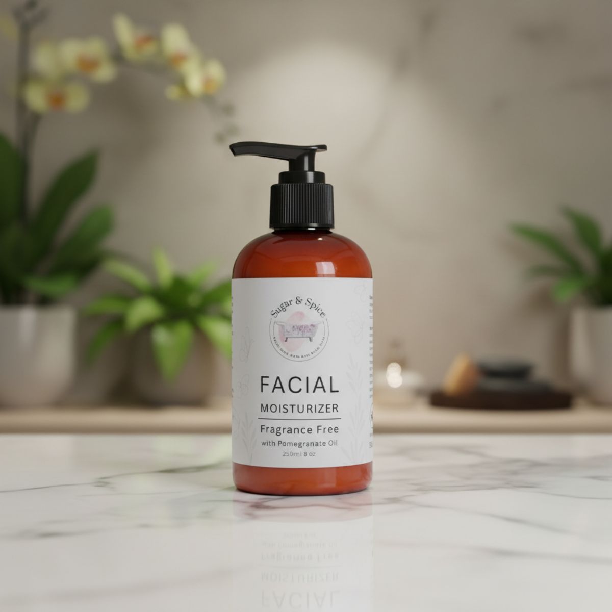 Facial moisturizer bottle on a marble surface with plants in the background