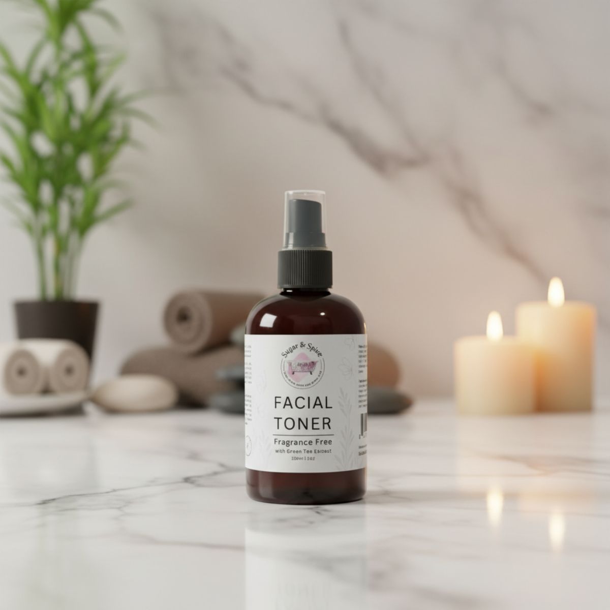 Facial toner bottle on a marble surface with candles and a plant in the background
