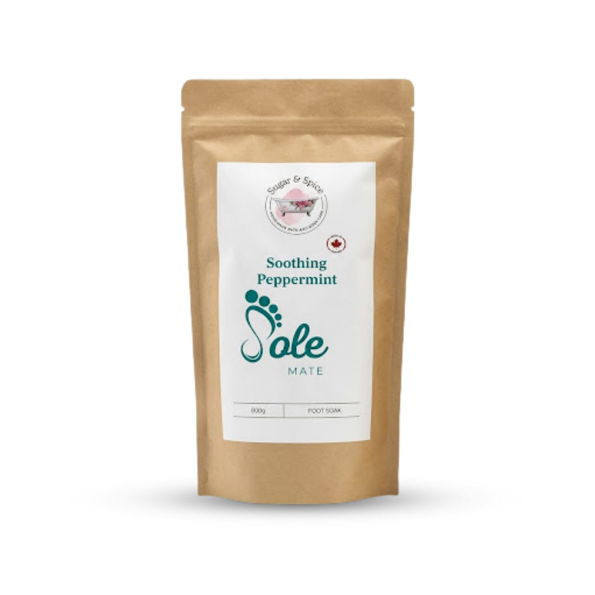 Soothing Peppermint Foot Soak in a resealable kraft pouch with a green Sole Mate footprint logo.