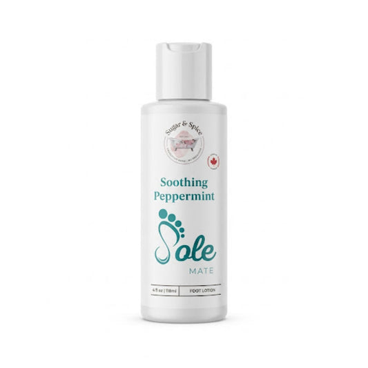 Soothing Peppermint Foot Lotion in a white flip-top bottle with a green Sole Mate footprint logo.