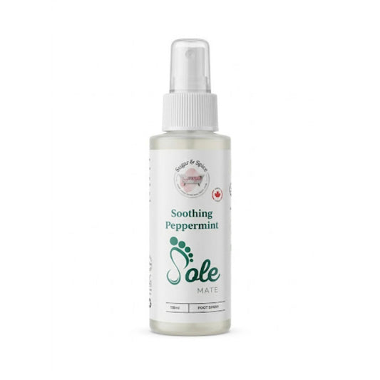 Soothing Peppermint Foot Spray in a clear spray bottle with a green Sole Mate footprint logo.