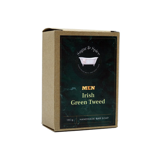 A packaged bar of Irish Green Tweed handmade soap with the brand name 'Men' displayed on the packaging, indicating it's a bar soap for men.