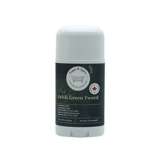 Deodorant stick labeled 'Irish Green Tweed' on a white background