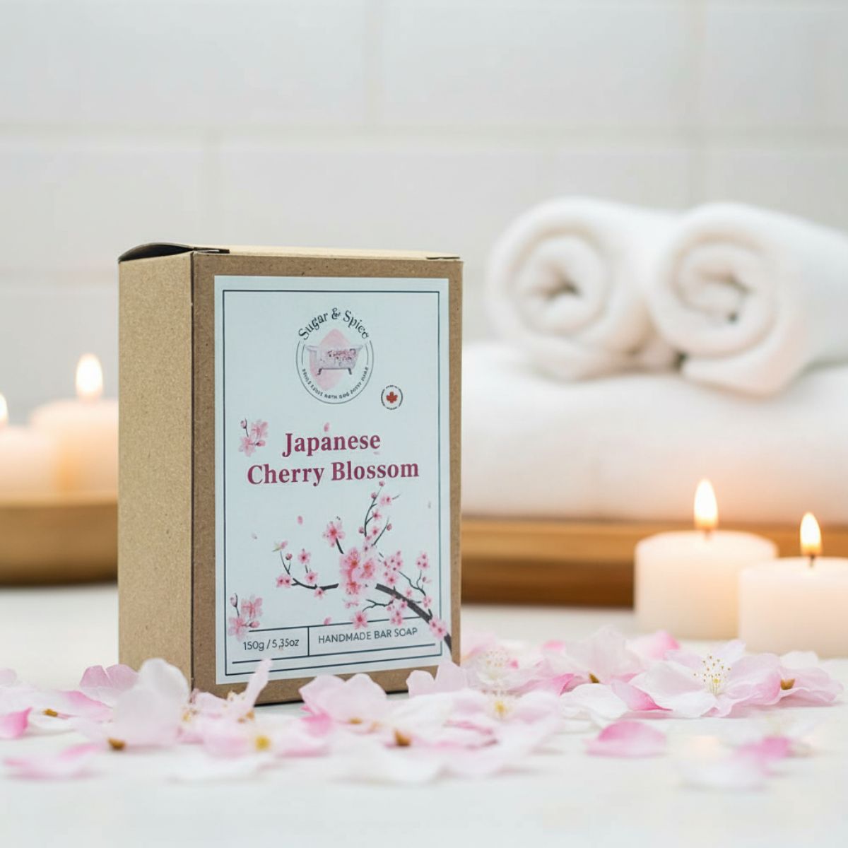 Japanese Cherry Blossom soap bar packaging with candles and soap bars in the background