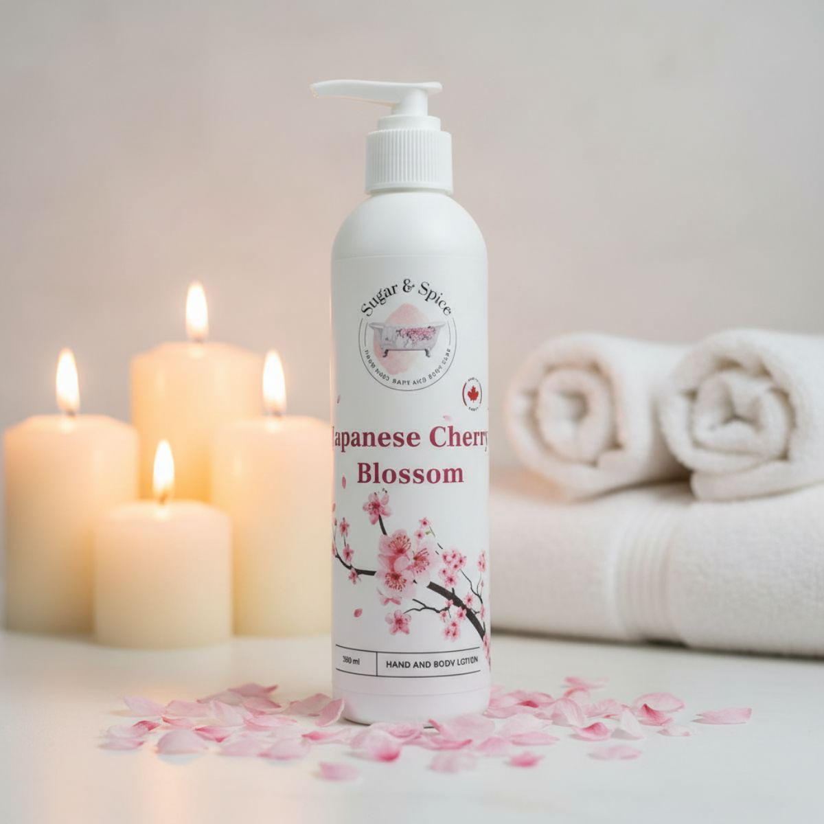 Lotion bottle with cherry blossom design next to candles and towels on a neutral background