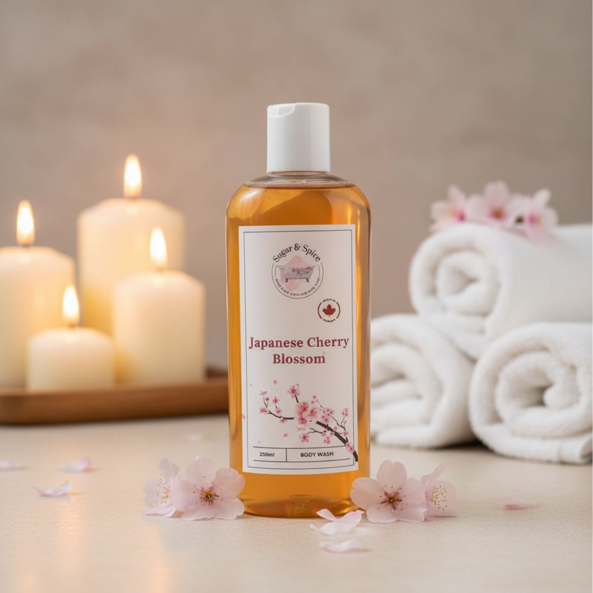 Bottle of Japanese Cherry Blossom body wash with candles and towels in the background