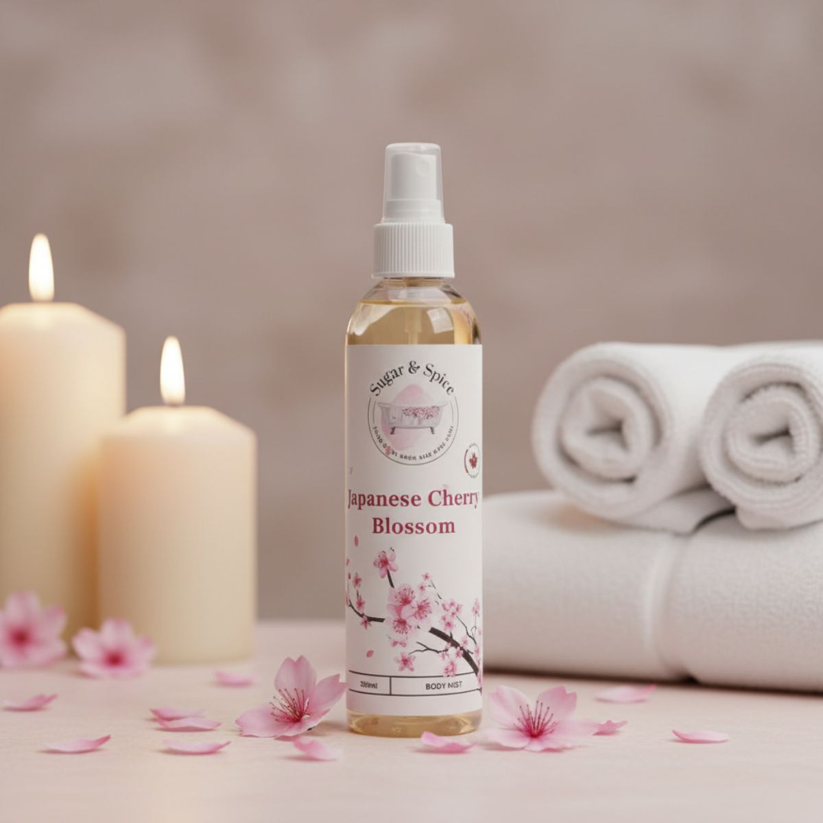 Bottle of 'Japanese Cherry Blossom' spray with candles and towels in the background
