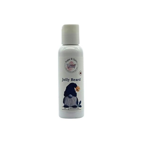 Small white Jolly Beard hand and body lotion bottle with a navy-hatted gnome illustrated on the label.