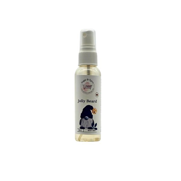 Small clear Jolly Beard Body Mist spray bottle with a navy-hatted gnome on the label.