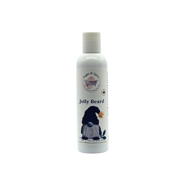 Tall white Jolly Beard hand and body lotion bottle with a navy-hatted gnome illustrated on the label.